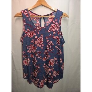 Paper Moon Women's Blue Tank Medium Red Floral Design Boho Keyhole Back